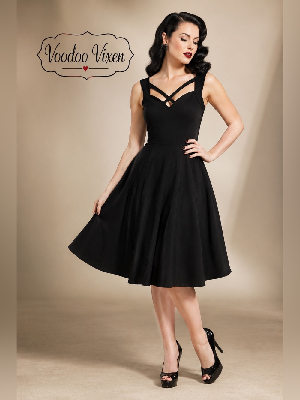 Voodoo Vixen Black Fit & Flare Swing Dress Criss Cross Strap Retro Pin Up Small
